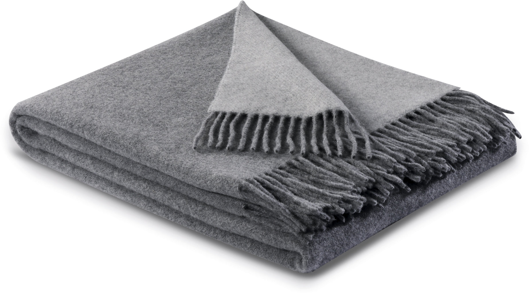 Biederlack's grijze plaid van kasjmiergaren en mooie franjes.