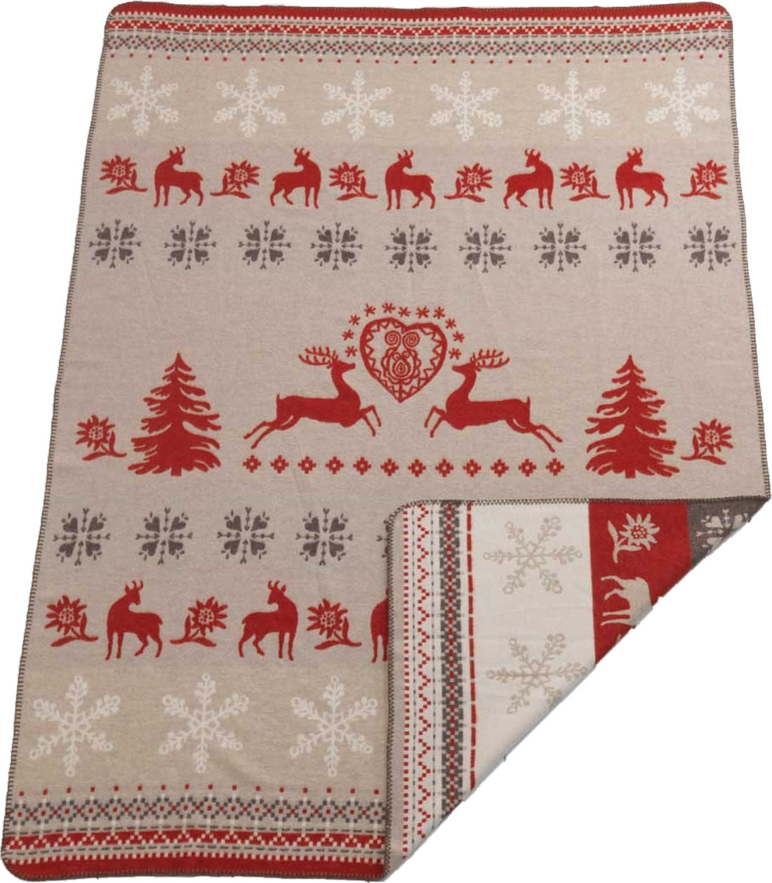 Een deken met rendieren en bomen erop. Aabe Plaid Vixen met Scandinavische patronen.